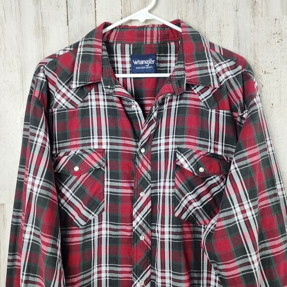 Wrangler Snap Down Long Sleeve Shirt Red Plaid Size XXL - Picture 4 of 9